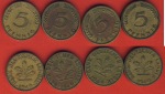 5 Pfennig Bank Deutscher Länder 1949 D + F + G + J kompl. Satz