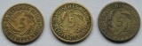 Weimarer Republik: 5 Pfennig 1923 G + 1926 E + 1926 F