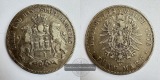 DR. Hamburg 5 Mark 1876 (1875-1888) J FM-Frankfurt KM#598 Fein...