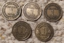 d004: Frankreich Lot mit 5 älteren 1 Franc Stücken, 1922, 19...