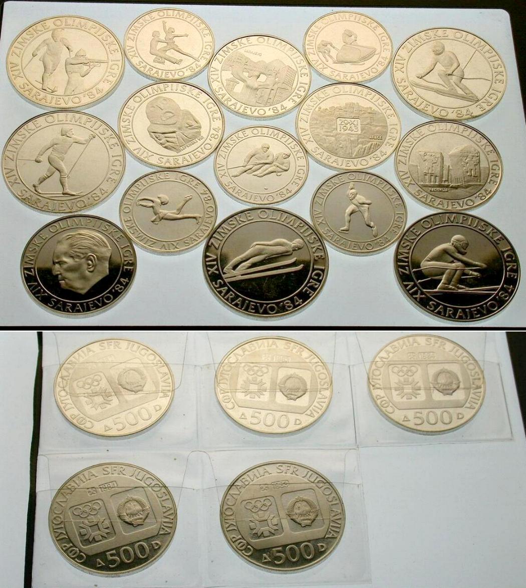 Jugoslawien Olympia Sarajewo 1984 Silber 318 gr. 100-250-500 Dinar 18 x PP - Originalbild