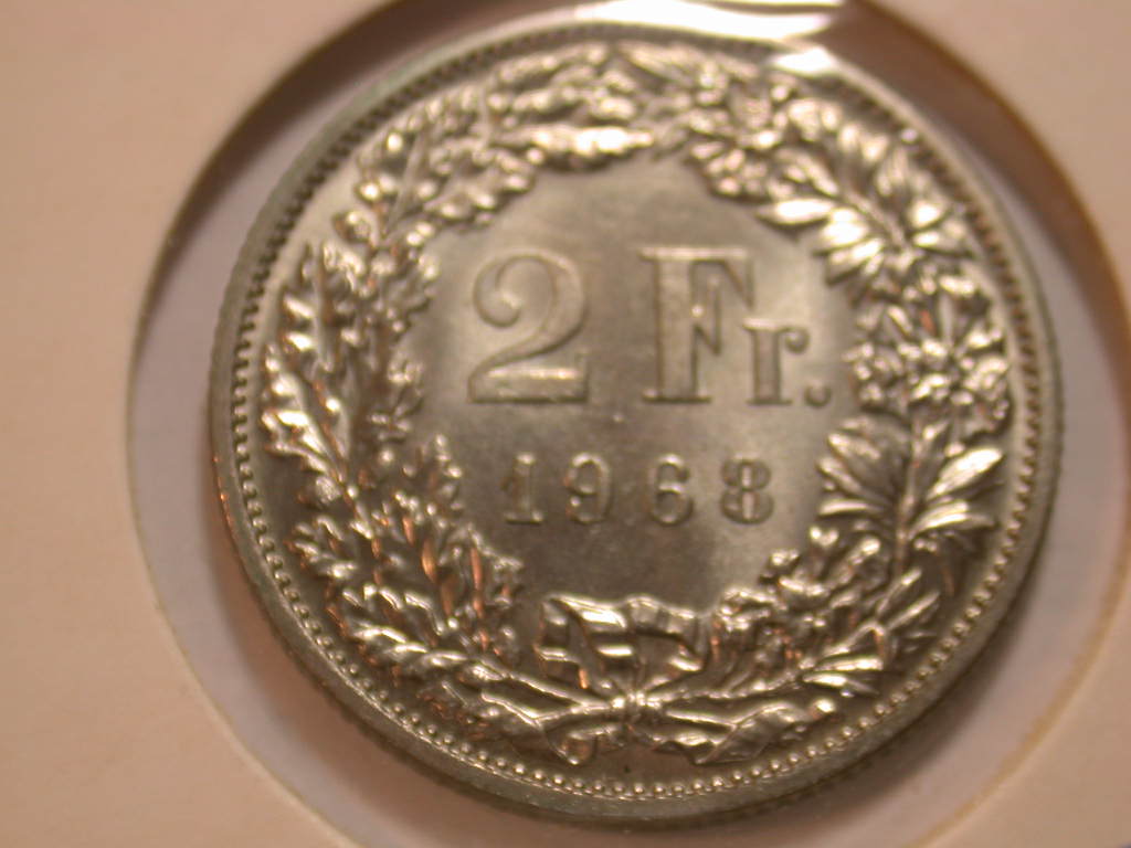 11002 2 Franken von 1968 ohne MZZ in Stempelglanz! anschauen