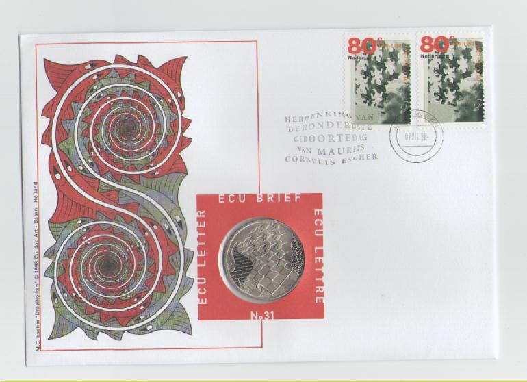  Numisbrief Niederlande ECU No.31 aus 1998(M.C.Escher)   