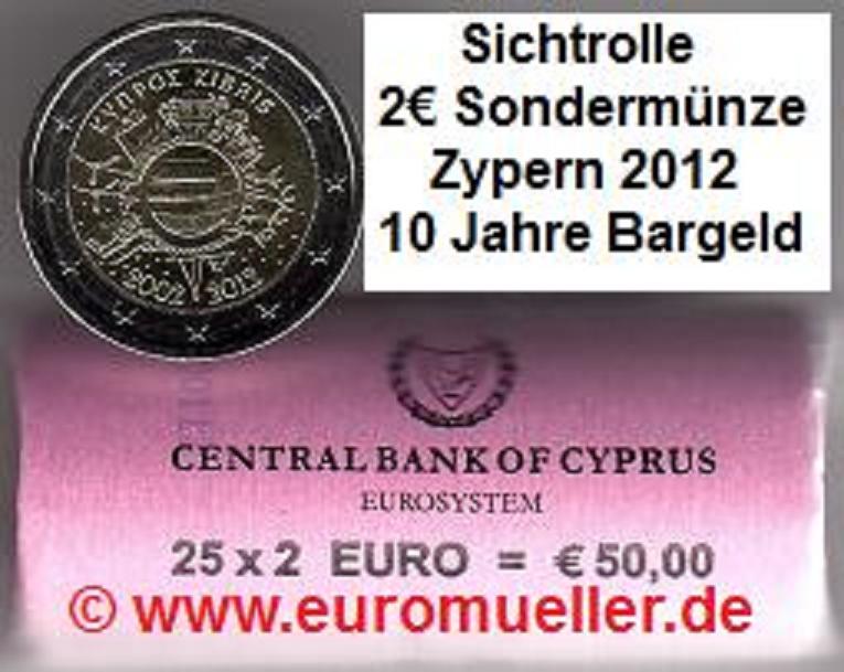 Zypern Rolle 2 Euro Sondermünze 2012...10 J. Bargeld   