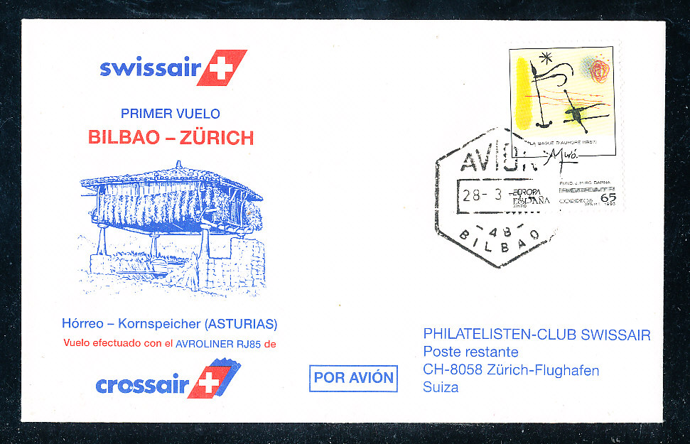 Swissair crossair Erstflug Airoliner RJ 85 Bilbao-Zürich 28.3.1994 offiziell. illustrierten – Kuvert