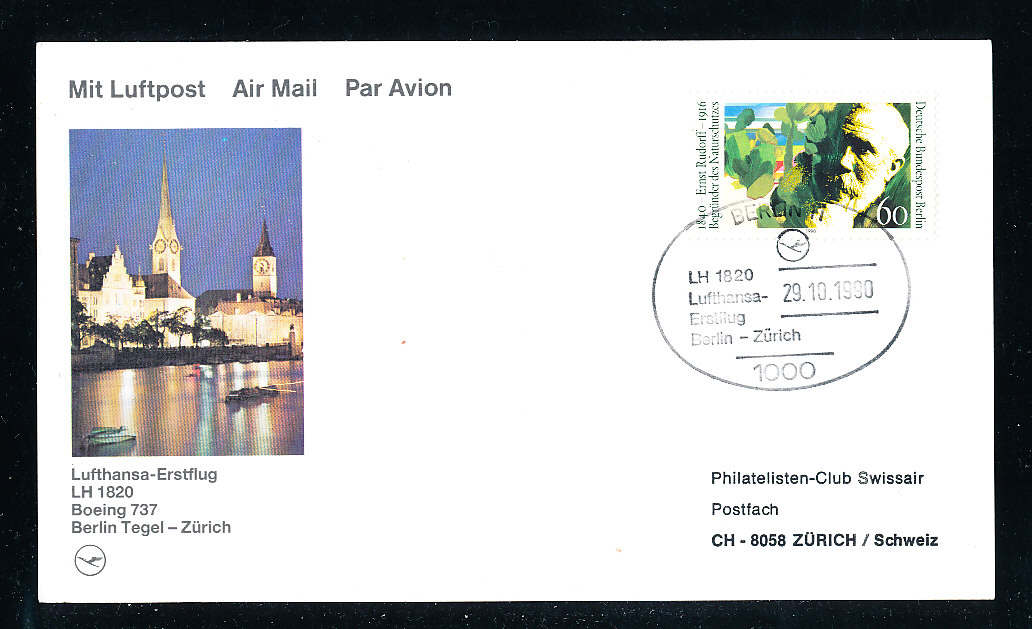 DLH. Erstflug LH / 1820 mit Boeing 737 Berlin Tegel – Zürich 29.10.1990 auf illustrierten – Kuvert