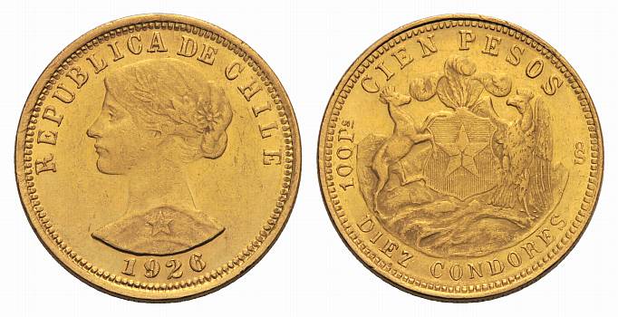 PEUS Chile 18,31 g Feingold 100 Pesos GOLD 1926 Sehr schön