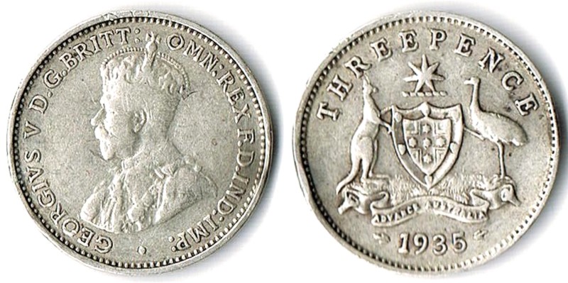  Australien  Threepence  1935  FM-Frankfurt  Feingewicht: 1,27g Silber  sehr schön   