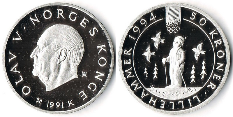  Norwegen  50 Kronen  1991  FM-Frankfurt  Feingewicht: 15,55g  Silber   PP   