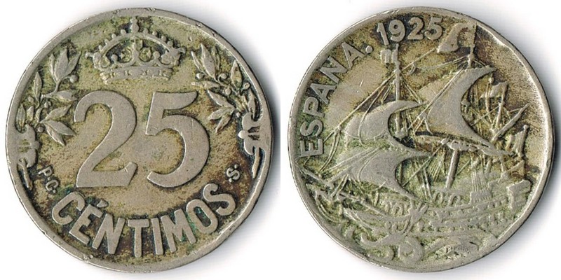  Spanien  25 Centimos  1925   FM-Frankfurt Gewicht: 6,87g Kupfer-Nickel sehr schön   