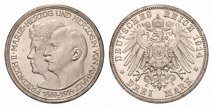 PEUS Kaiserreich Anhalt Zur Silberhochzeit 3 Mark 1914 A Kl.Kratzer, Fast vorzüglich