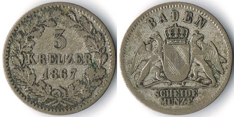  Baden  3 Kreuzer  1867   FM-Frankfurt  Feingewicht: 0,43g Silber sehr schön   