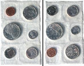 Kanada Canada KMS 6 coins 4 Silber Münzen + 2 diff. Metall, 43 gr. AG 1,91 $ Dollar Stgl. 1965 Kanu BU stgl. unc.