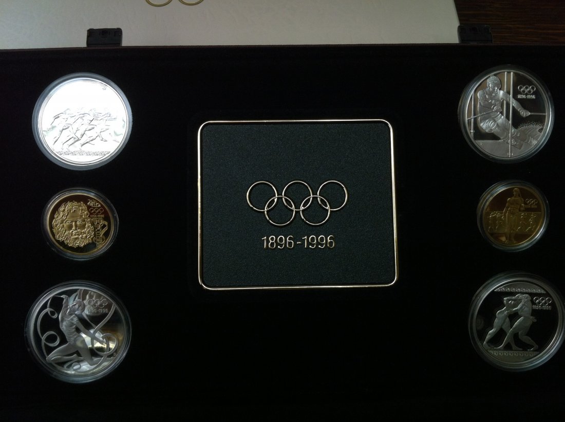 PEUS Welt Insg. 77,75 g Feingold + 311 g Feinsilber. Olympiade 1896 - 1996 + Verpackung Olympia-Set (15 Münzen) GOLD + SILBER 1992 - 1996 Proof