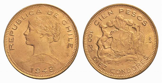 PEUS Chile 18,31 g Feingold 100 Pesos GOLD 1948 Kl. Kratzer, Fast Vorzüglich