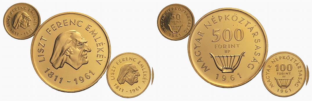 PEUS Ungarn Insg. 49,2 g Feingold. Ferenc Liszt incl. Originalverpackung + Zertififkat Nur 2.500 Exemplare Proof Set GOLD (3 Münzen) 1961 Proof