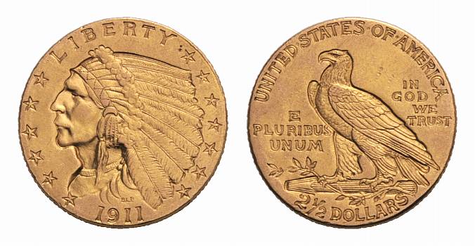 PEUS USA 3,76 g Feingold. Indian Head 2 1/2 Dollars GOLD 1911 Fast vorzüglich