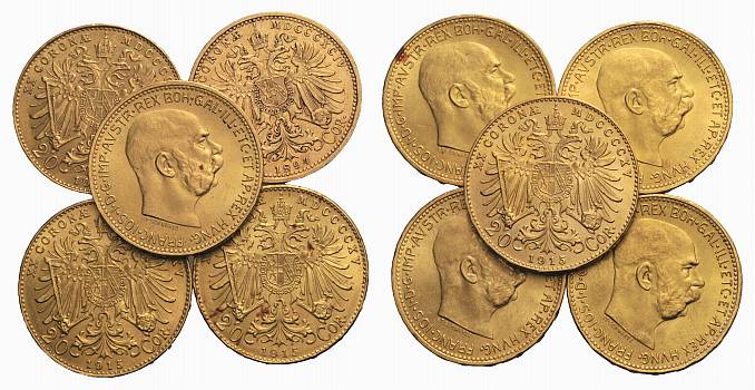 PEUS Österreich Insgesamt 61 g Feingold. Franz Joseph I. (1848 - 1916) 20 Kronen-Lot (10 Münzen off. NP) GOLD 1915 Vorzüglich