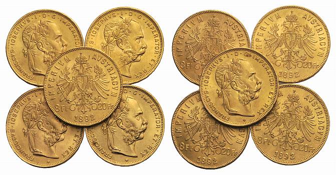 PEUS Österreich Insgesamt 58,1 g Feingold. Franz Joseph I. (1848 - 1916) 8 Gulden-Lot (10 Münzen NP) GOLD 1892 Vorzüglich / Stempelglanz