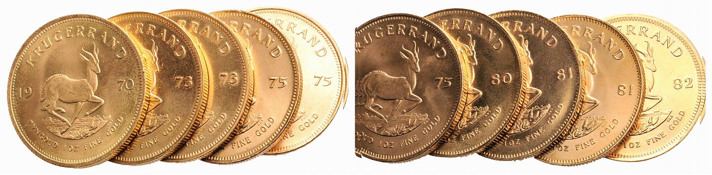 PEUS Süd-Afrika Insgesamt 311 g Feingold Krügerrand-Lot (10 Münzen) GOLD Unze 1970 - 1982 Vorzüglich / Stempelglanz