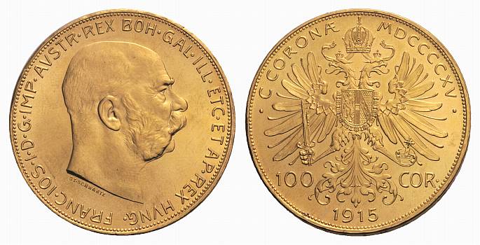 PEUS Österreich 30,49 g Feingold. Franz Joseph I. (1848 - 1916) 100 Kronen (off.NP) GOLD 1915 Vorzüglich / Stempelglanz
