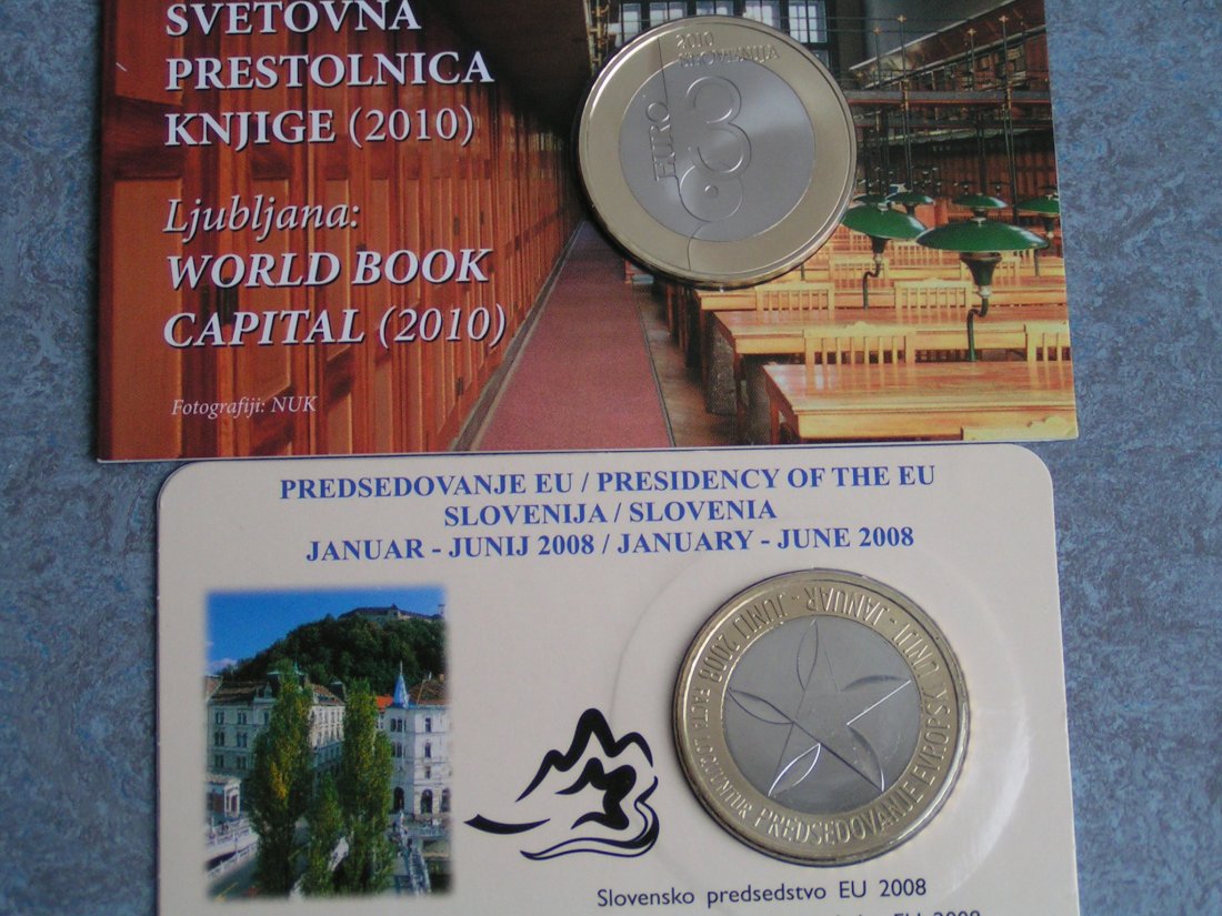  Slowenien 2 Coincards: 2008 + 2010 <i>3 Euro EU-Rat</i> + <i>Unesco Ljubljana</i>   