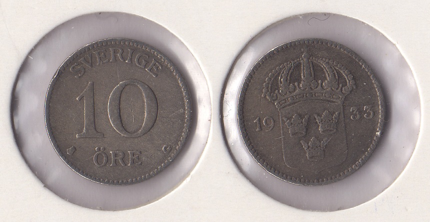  Schweden 10 Öre 1933 G **ss** Silber   