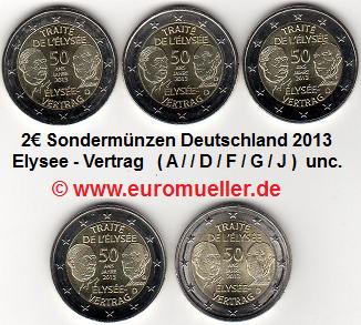 Deutschland 5x 2 Euro Sondermünze 2013...Elysee-Vertrag...A/D/F/G/J   