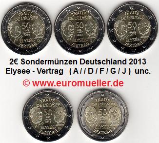 Deutschland 5x 2 Euro Sondermünze 2013...Elysee-Vertrag...A/D/F/G/J   