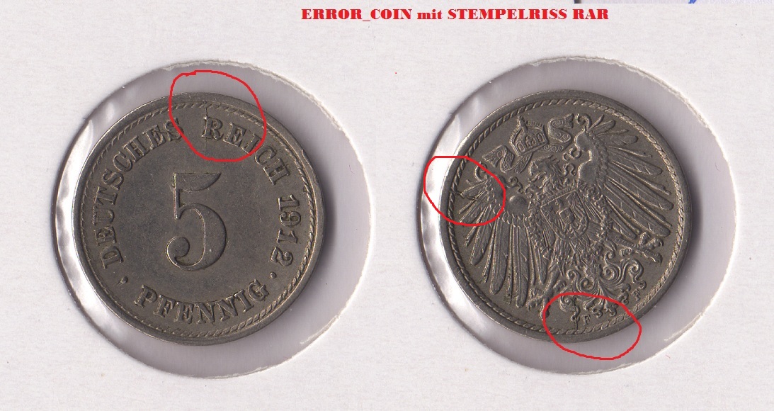  Kaiserreich 5 Pfennig 1912 -F- ss-vz ** Jaeger 12. ** RARITÄT !! **Error-Coin Stempelriss**   
