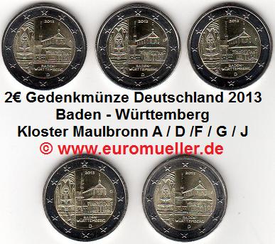 Deutschland 5x 2 Euro Gedenkmünze 2013...Maulbronn...A/D/F/G/J   