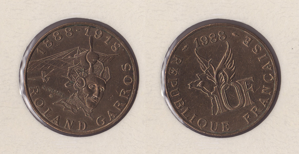  Frankreich 10 Francs 1988 (Al-N-Bro) <i>100. Geburtstag v. Roland Garros</i> ** vz **   