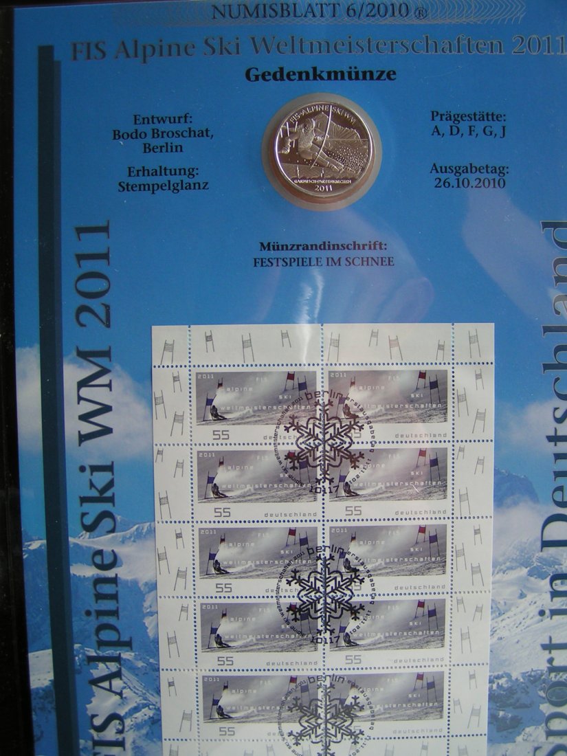  BRD Deutschland Numisblatt 6/2010 FIS Ski WM 2011 10 Euro 2010 Silber stgl.   