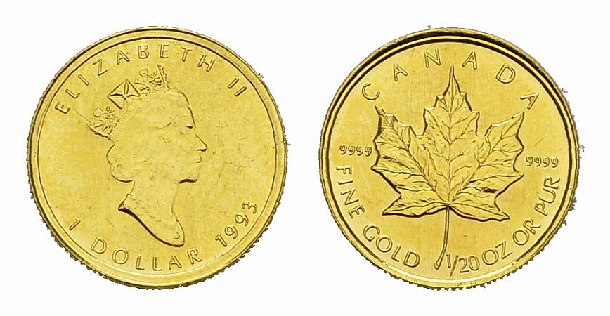 PEUS Kanada 1,56 g Feingold. Maple Leaf Dollar GOLD 1/20 Unze 1993 Vorzüglich