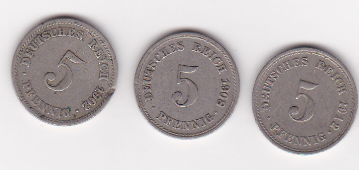  Kaiserreich, J 12, 5 Pfennig 1902 D,1908 A,1912 F   