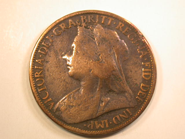  13008 England Grossbritanien  1 Penny große Kupfermünze von 1896 Victoria   