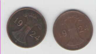  2 x 1 Rentenpfennig Deutsches Reich 1924 A(k164)   