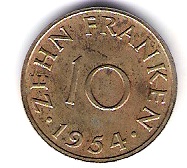  Saarland 10 Franken 1954 Kupfer/ Alu J.Nr.801   
