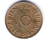  Saarland 10 Franken 1954 Kupfer/ Alu J.Nr.801   