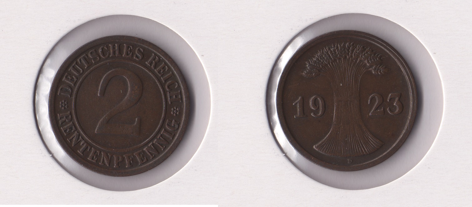  Weimarer Rep. 2 Rentenpfennig 1923 -D- vz Jaeger 307. Selten   