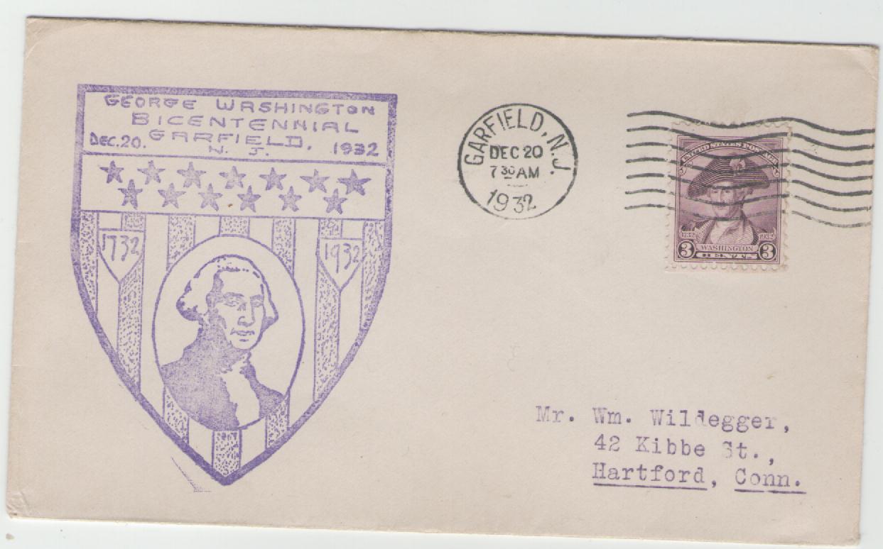 USA Brief aus dem Jahr 1932 mit MiNr.338 in EF mit Cachetstempel Garfield N.J. auf den 200 Geburtsta   