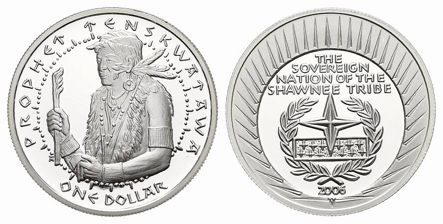 PEUS USA 31,1 g Feinsilber. Shawnee Nation - Prophet Tenskwatawa Dollar SILBER 1 Unze 2006 Proof