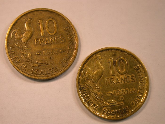  13205 Frankreich  4.Republik  10 Francs 1951 B in ss/ss geputzt  2 Stück!   