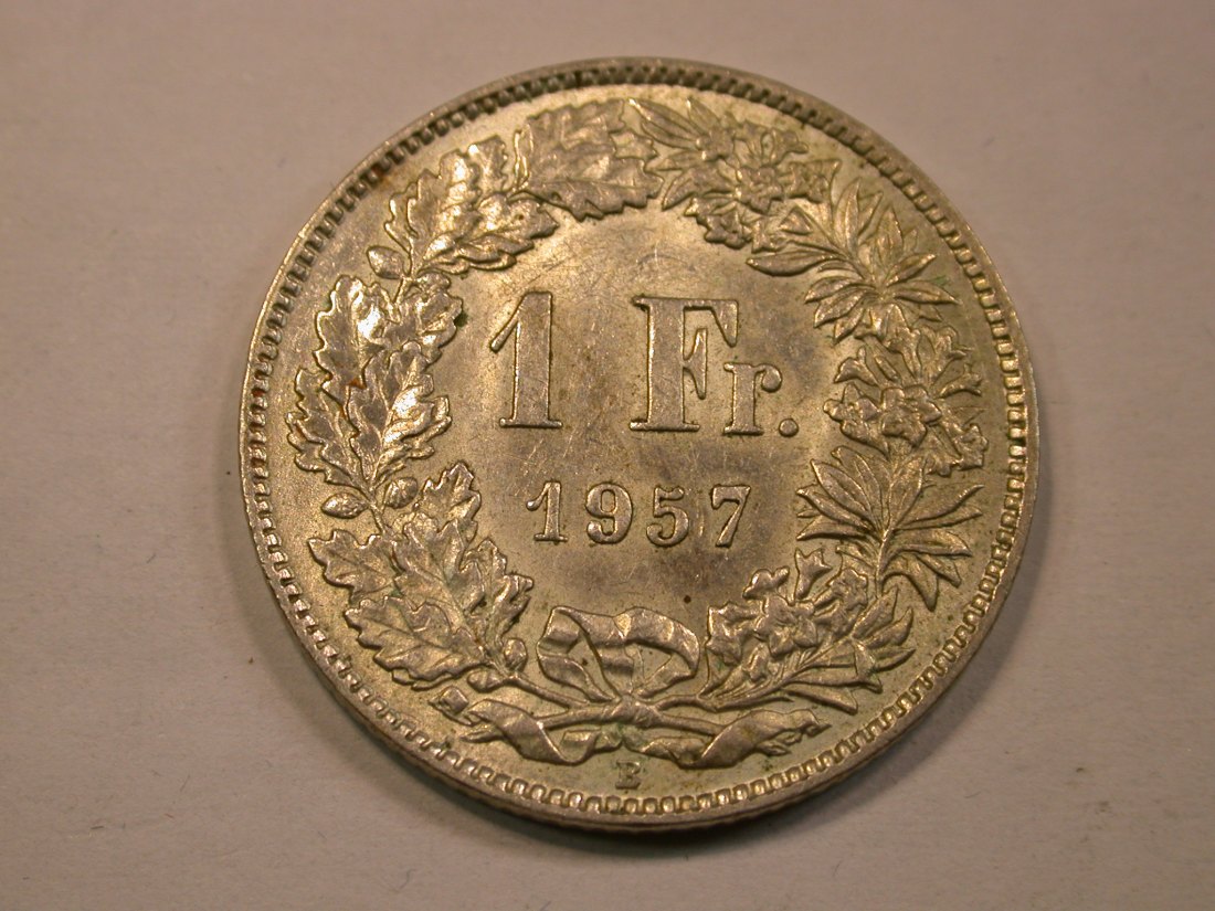  13403  Schweiz  1 Franken 1957 in vz-st/f.st Silber    Orginalbilder   