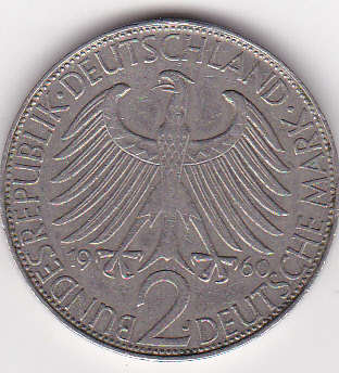 2 DM Kursmünze 1960 J, <i>Max Planck</i>, sehr schön +