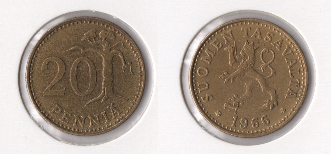  Finnland 20 Pennia 1966 S (Al-N-Bro) ss-vz   