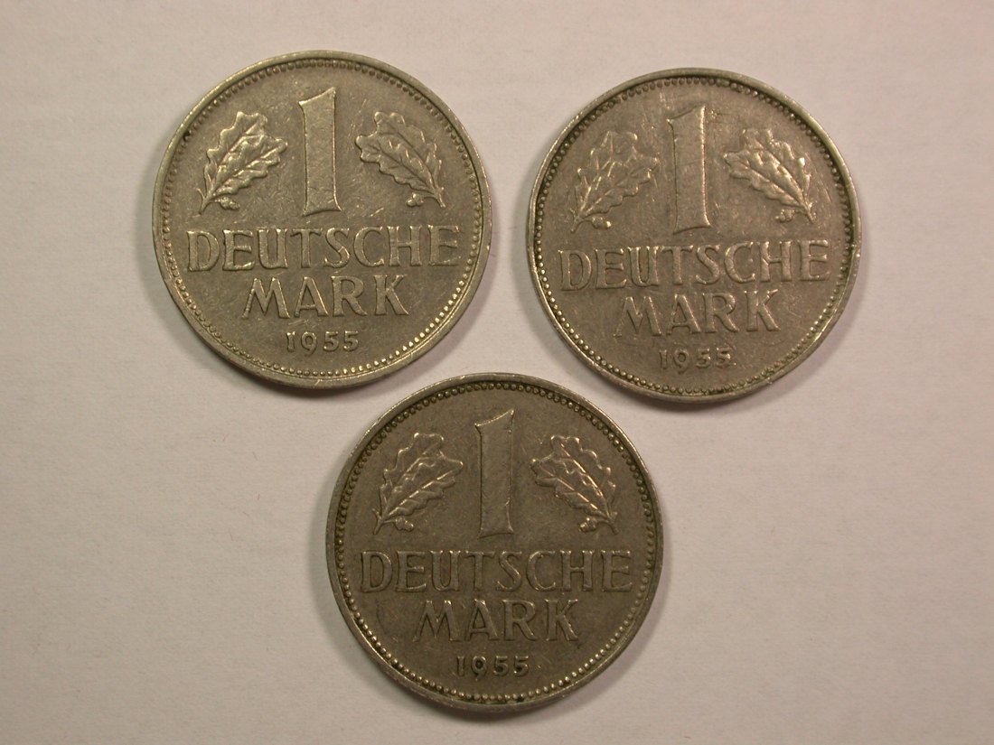 13302 BRD 1 Mark 1955 D,F und J 3 Stück sehr schön Orginalbilder