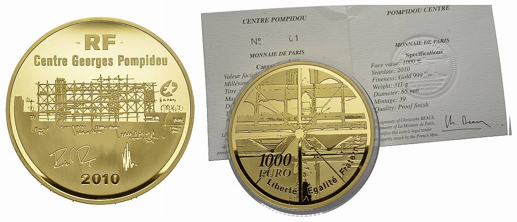 PEUS Frankreich 311 g Feingold. Centre Pompidou in Originalverpackung + Zertifikat. NUMMER 1 von 39 geprägten Stücke 1000 Euro GOLD 2010 Proof