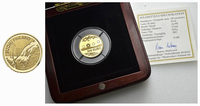 PEUS Finnland 7,77 g Feingold. Lapland - Bergbach / Mitternachtssonne Incl. Holzbox & Zertifikat 100 Euro GOLD 2002 Proof