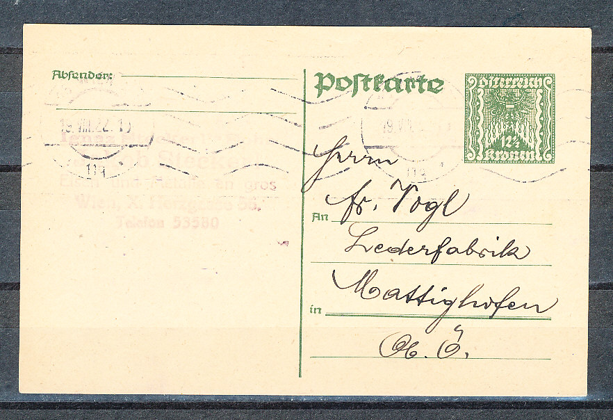 Österreich Michel Nr. P 249 Ganzsache 5 Kr. gelaufen Wien 19.8.1922 nach Mattighofen